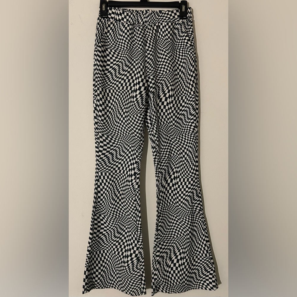 Vintage X-Girl Monochrome Checkered Women's Flare Pants with Pockets